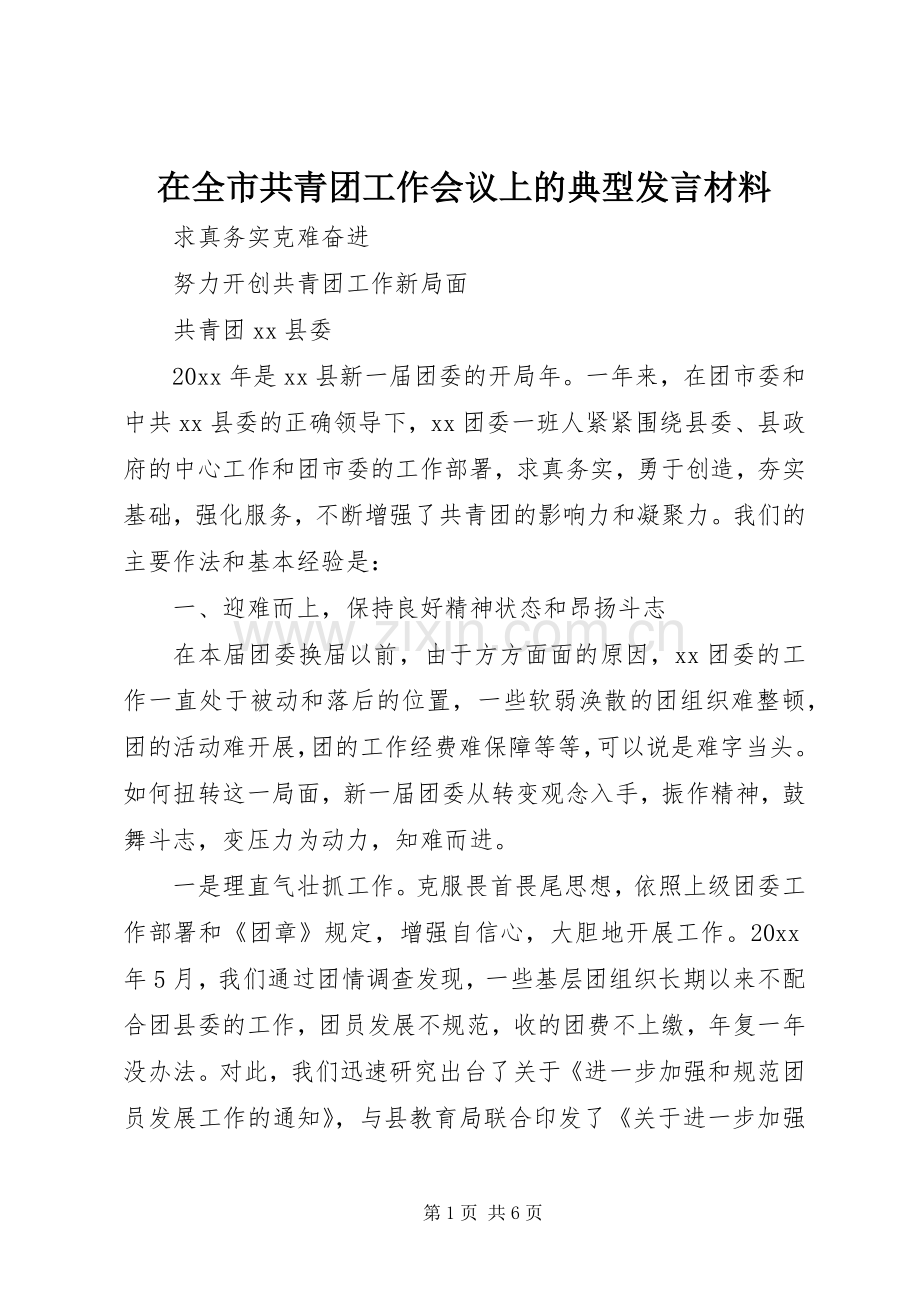 在全市共青团工作会议上的典型发言材料致辞.docx_第1页