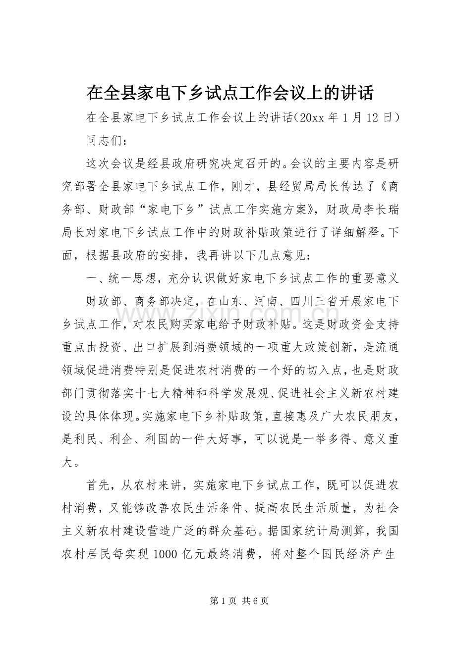 在全县家电下乡试点工作会议上的讲话.docx_第1页