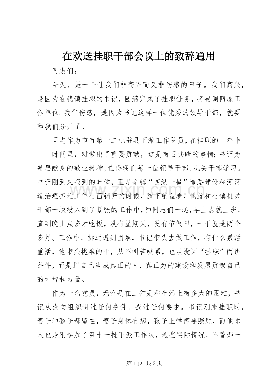 在欢送挂职干部会议上的演讲致辞范文通用.docx_第1页