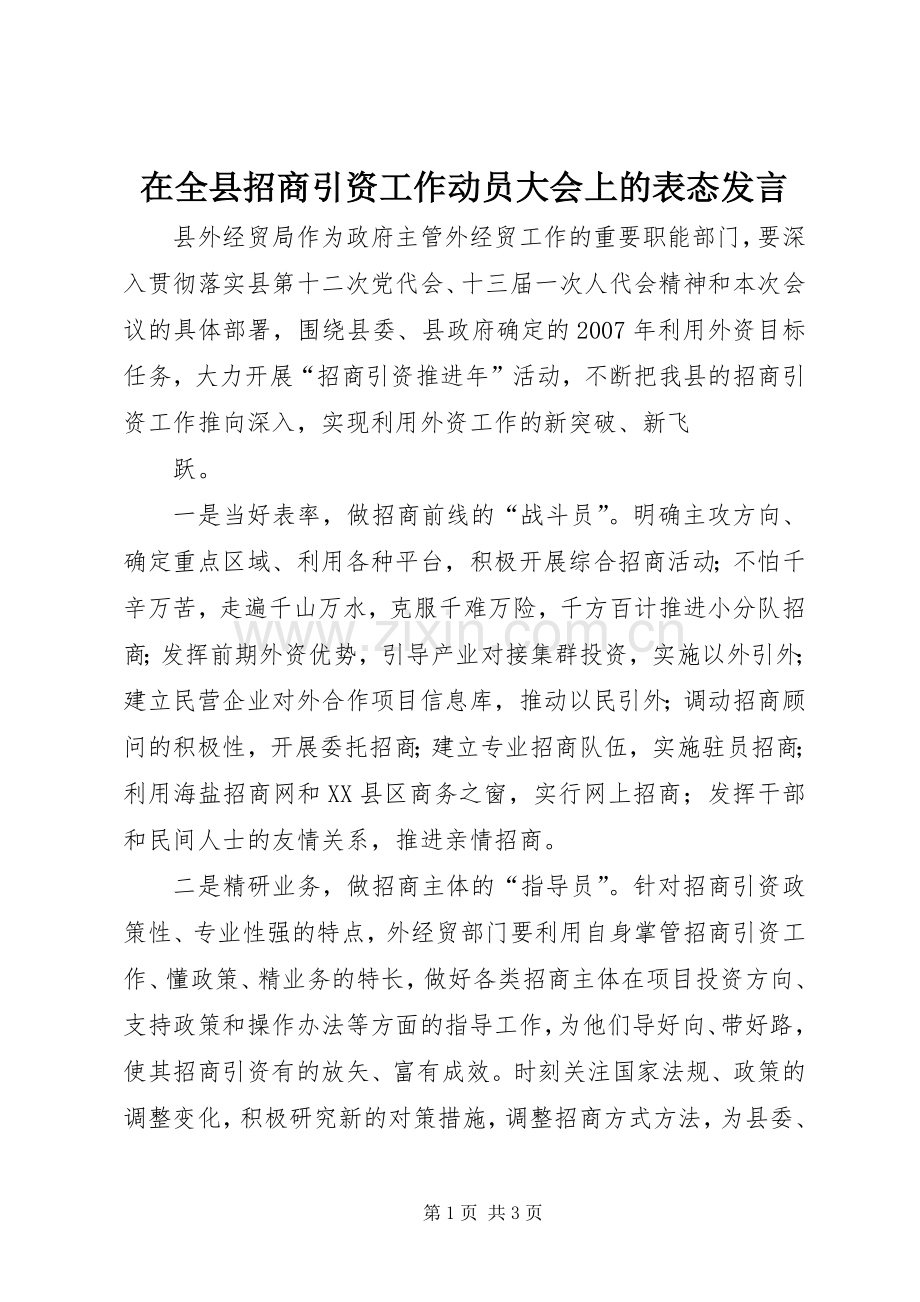 在全县招商引资工作动员大会上的表态发言稿 (2).docx_第1页