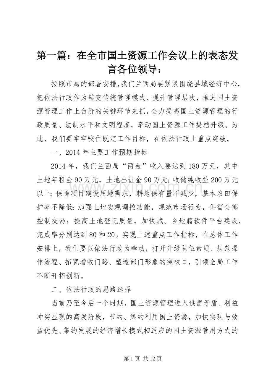 第一篇：在全市国土资源工作会议上的表态发言稿各位领导：.docx_第1页