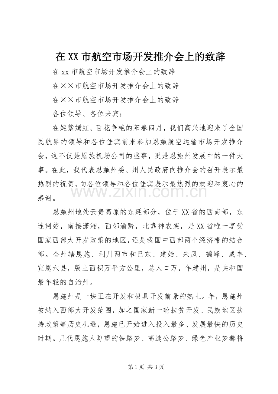 在XX市航空市场开发推介会上的演讲致辞.docx_第1页