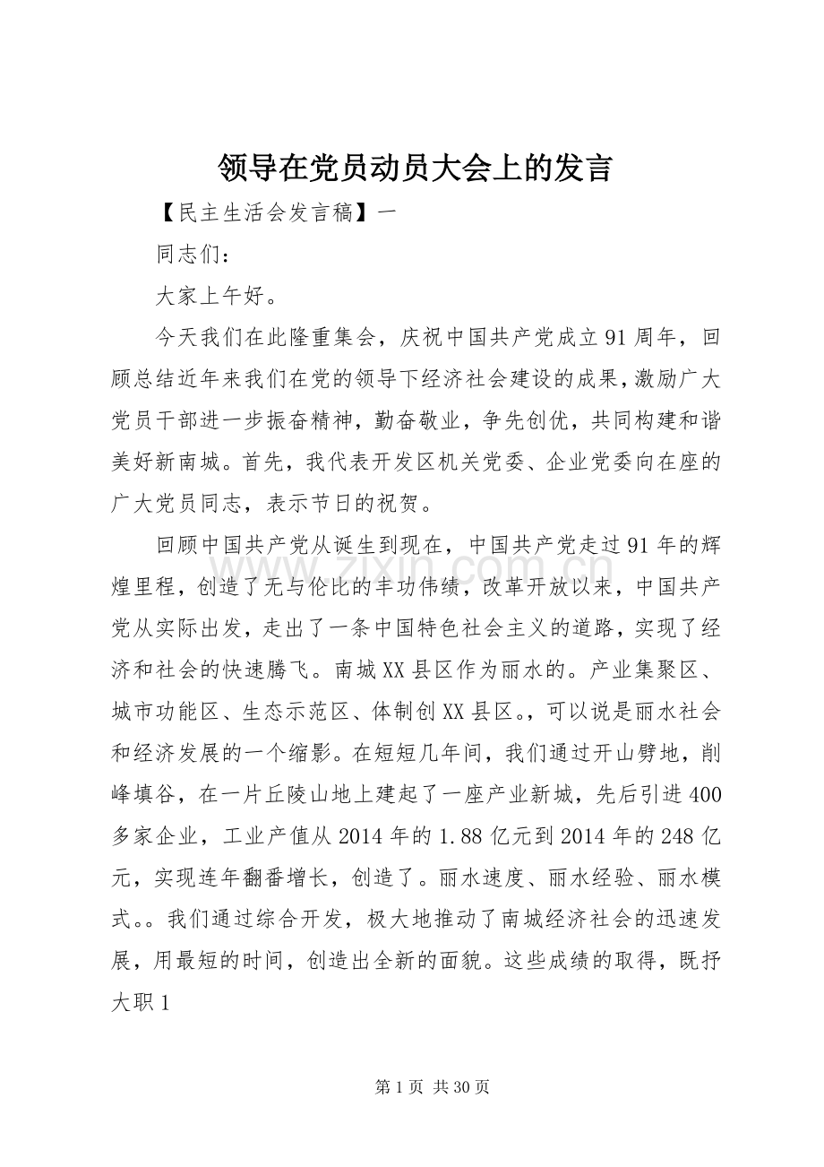 领导在党员动员大会上的发言稿.docx_第1页