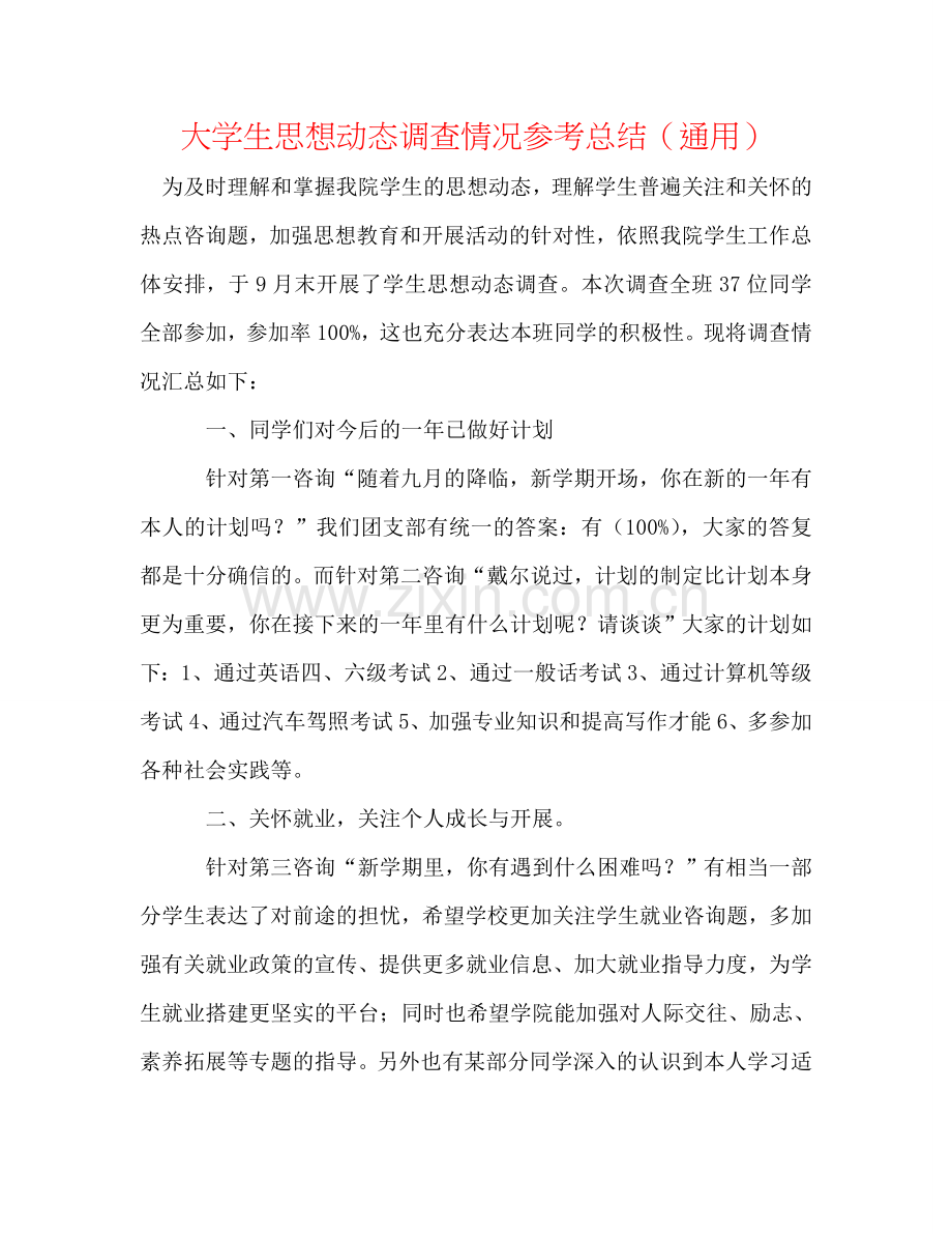 大学生思想动态调查情况参考总结（通用）.doc_第1页