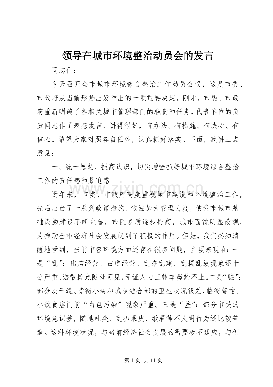 领导在城市环境整治动员会的发言.docx_第1页