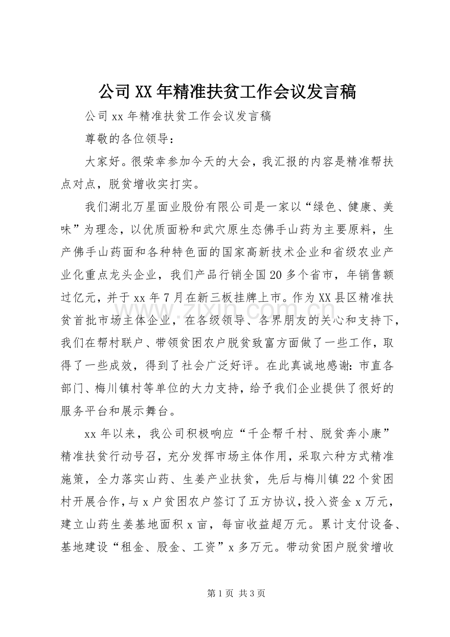 公司XX年精准扶贫工作会议发言.docx_第1页