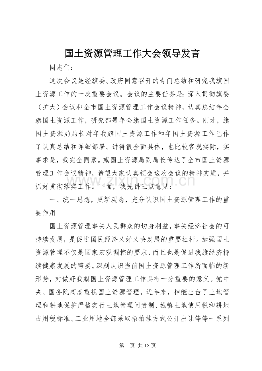 国土资源管理工作大会领导发言稿.docx_第1页