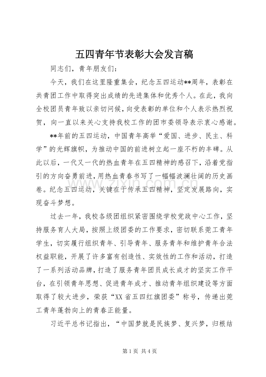 五四青年节表彰大会发言稿范文.docx_第1页