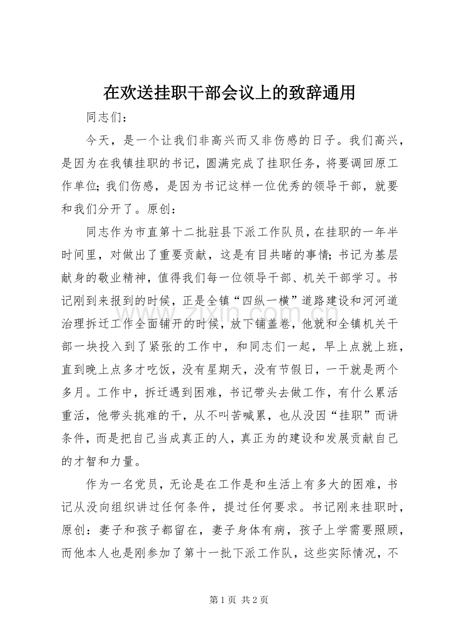 在欢送挂职干部会议上的演讲致辞通用.docx_第1页