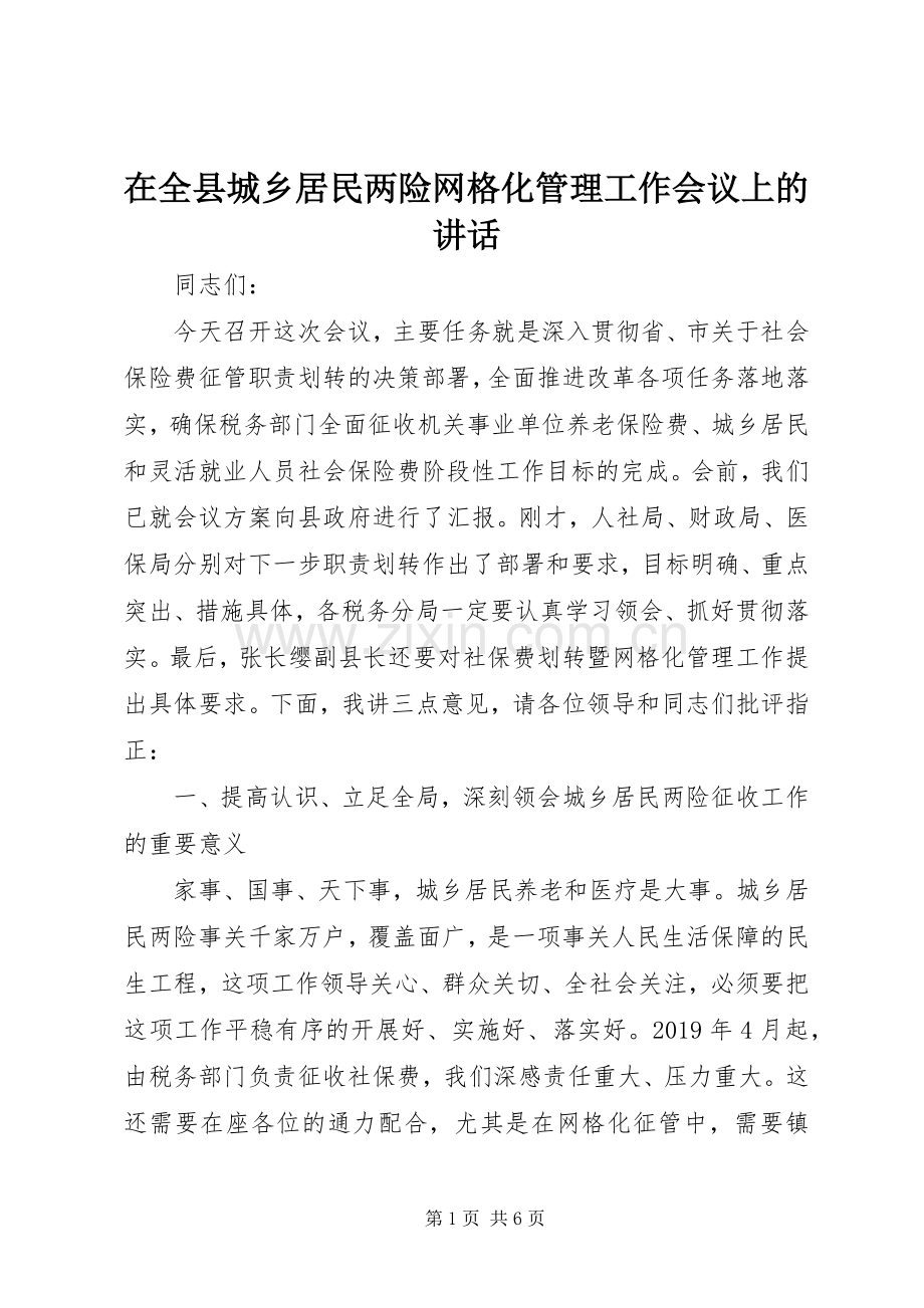 在全县城乡居民两险网格化管理工作会议上的讲话.docx_第1页