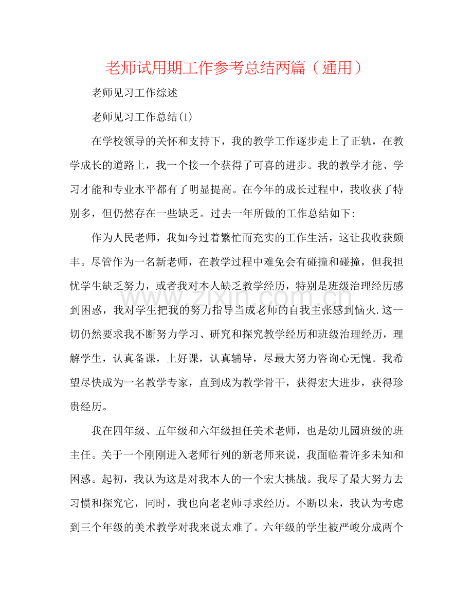 教师试用期工作参考总结两篇（通用）.doc_第1页