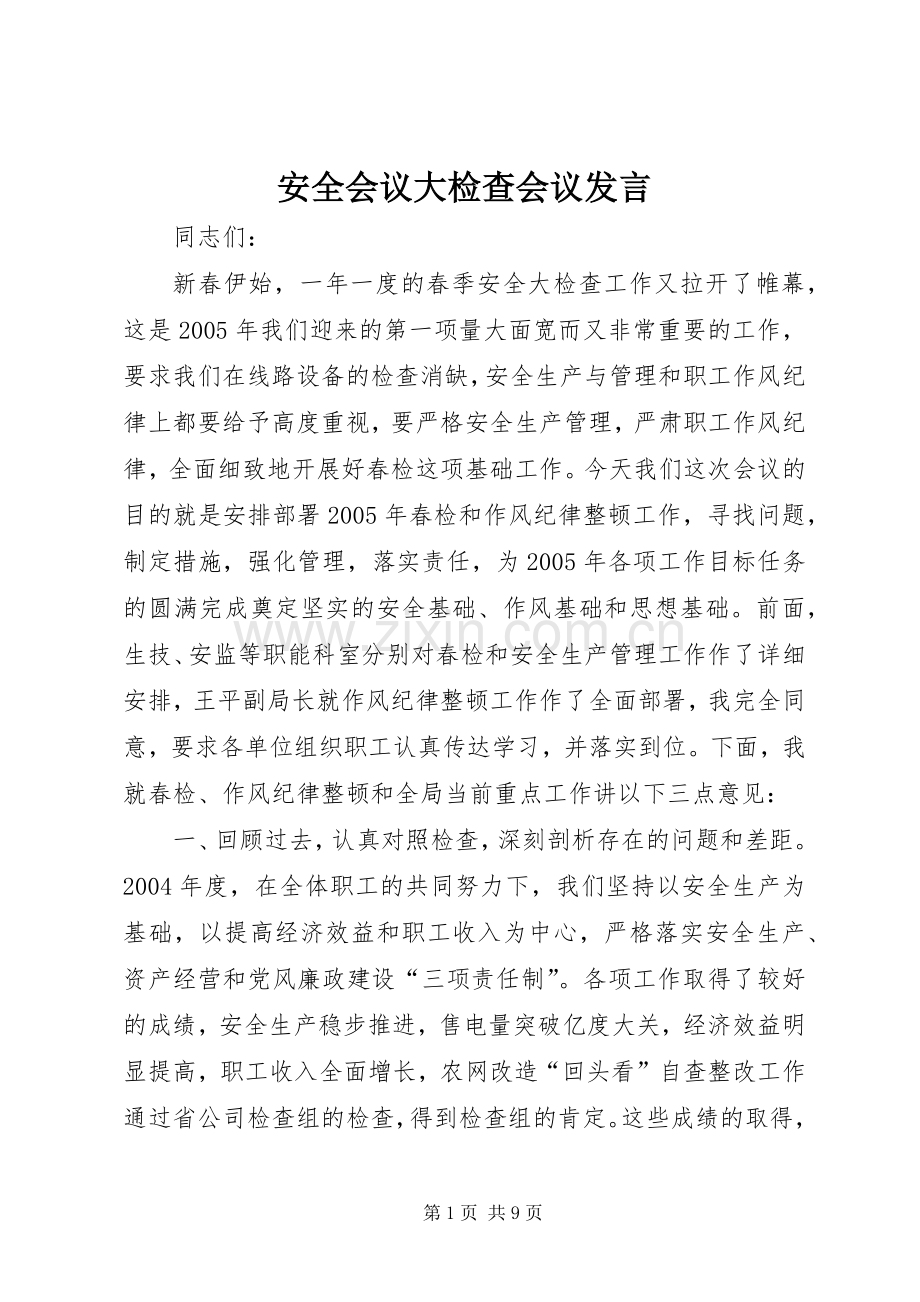 安全会议大检查会议发言稿.docx_第1页