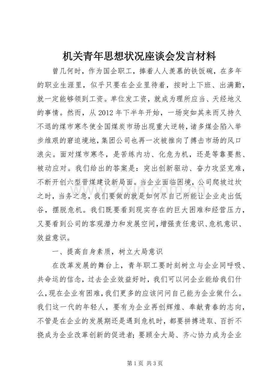 机关青年思想状况座谈会发言材料.docx_第1页