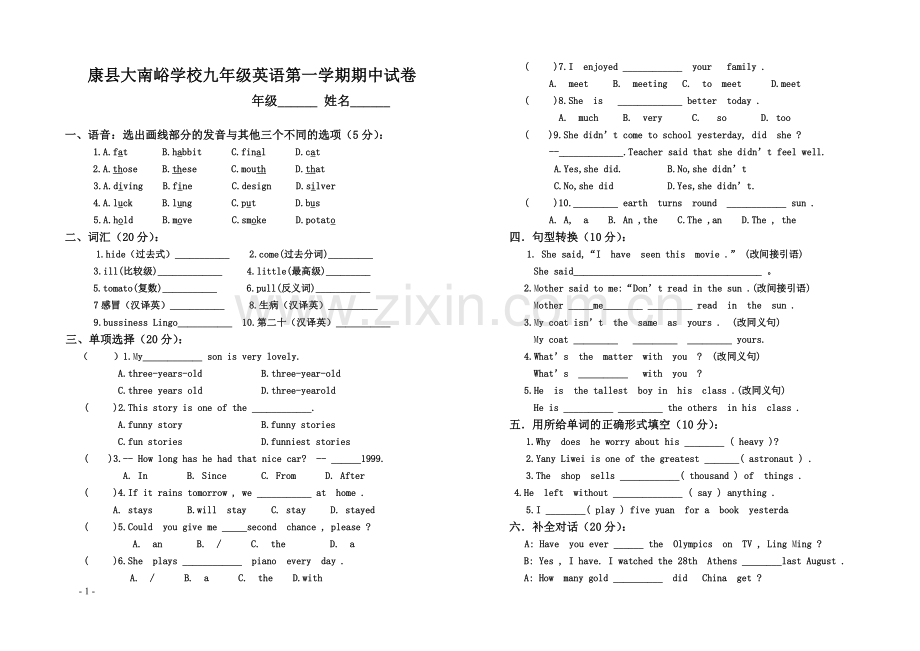 康县大南峪学校九年级英语第一学期期中试卷.doc_第1页