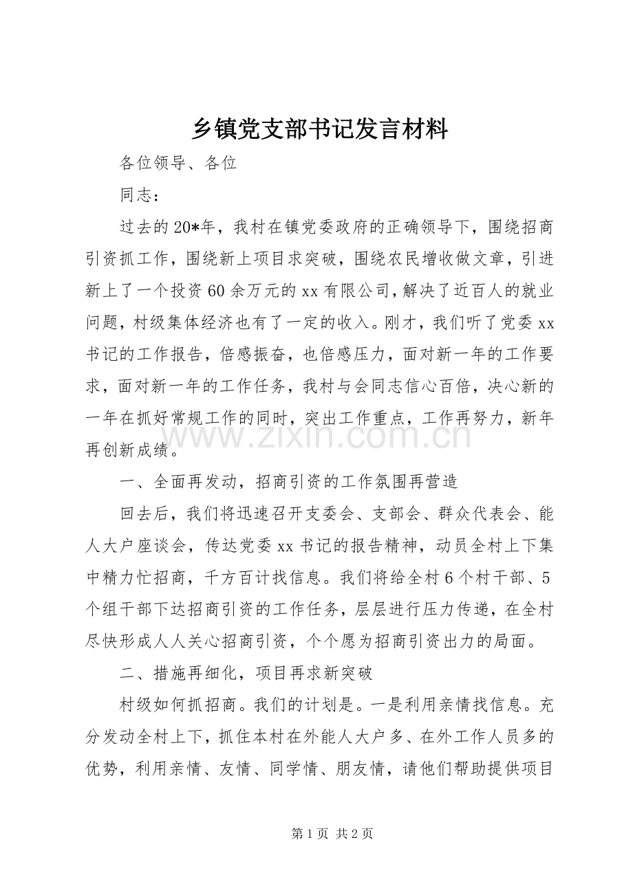 乡镇党支部书记发言材料提纲.docx_第1页