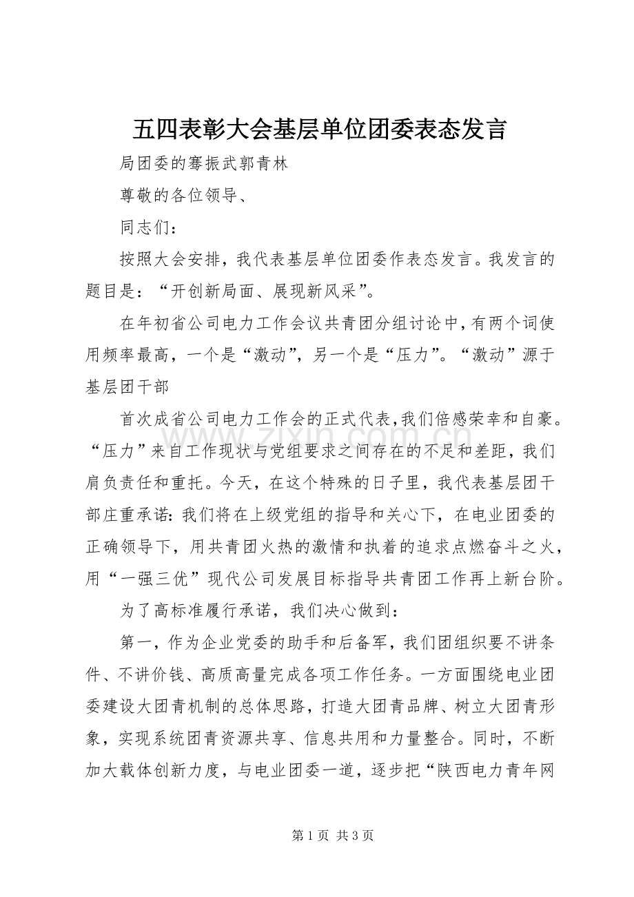 五四表彰大会基层单位团委表态发言稿.docx_第1页