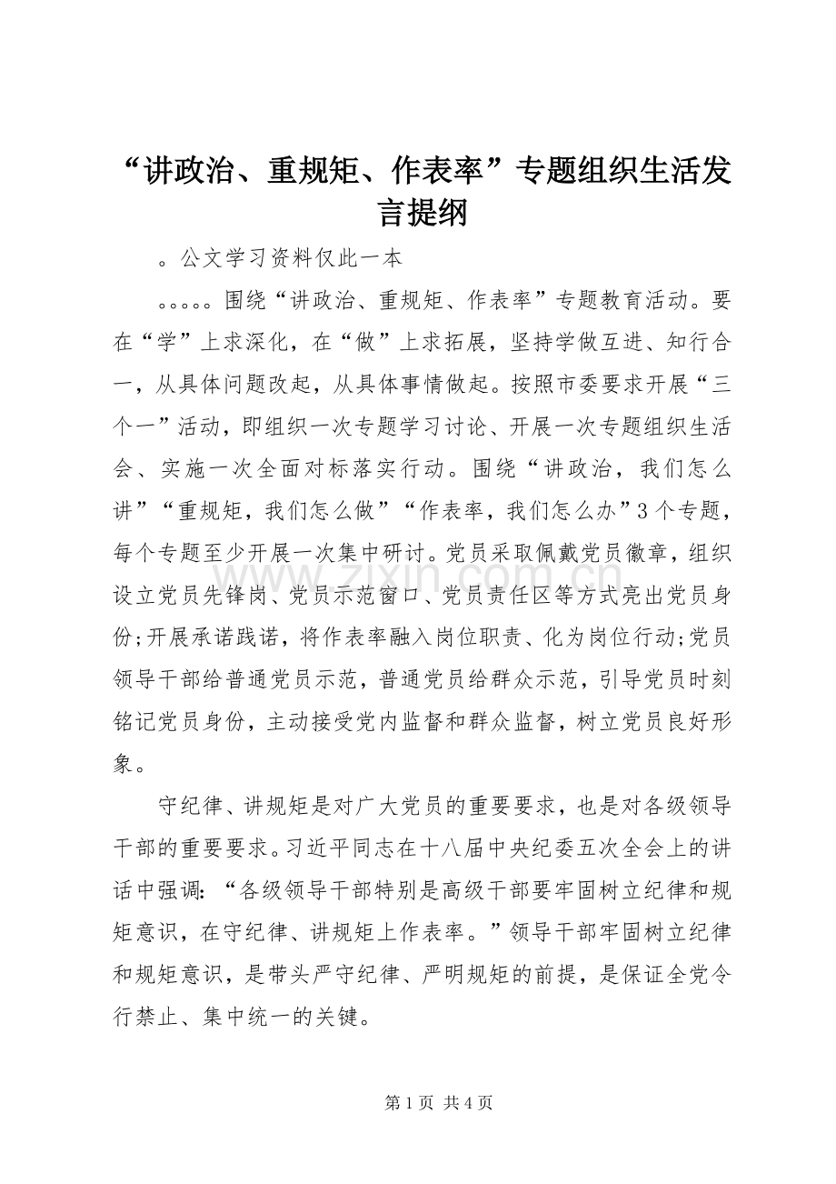 “讲政治、重规矩、作表率”专题组织生活发言材料.docx_第1页