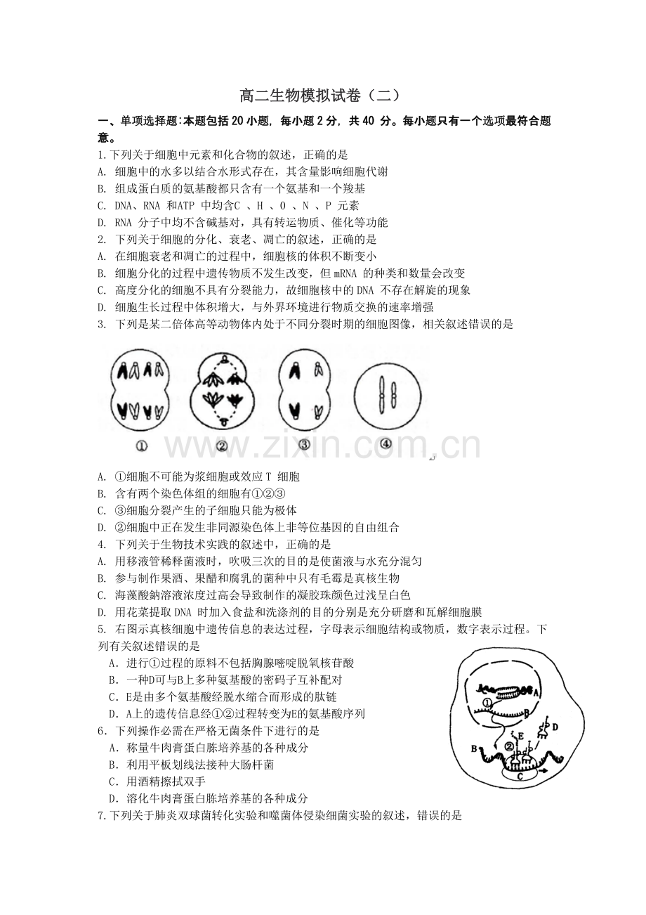 高二生物期末模拟试卷二.doc_第1页