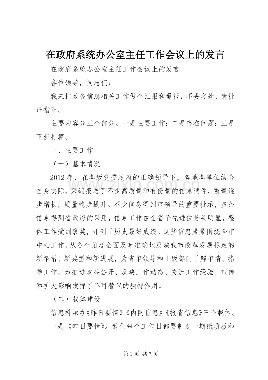 在政府系统办公室主任工作会议上的发言稿.docx_第1页