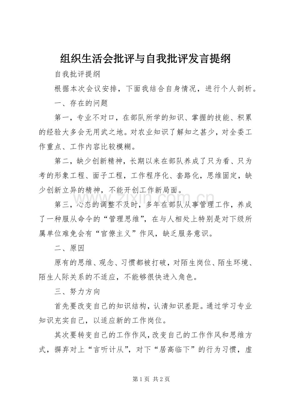 组织生活会批评与自我批评发言材料 (2).docx_第1页