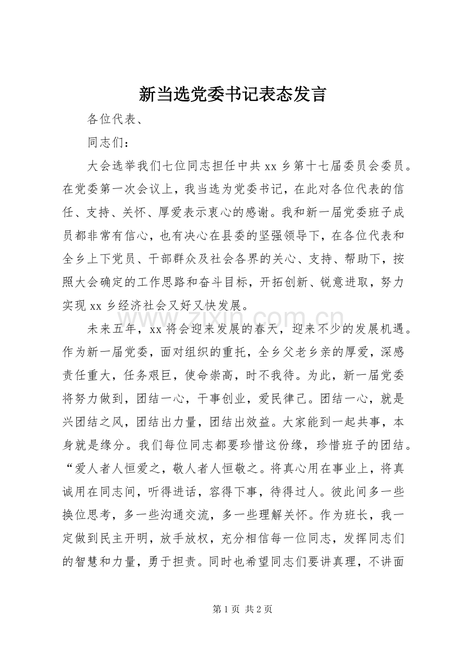 新当选党委书记表态发言稿.docx_第1页