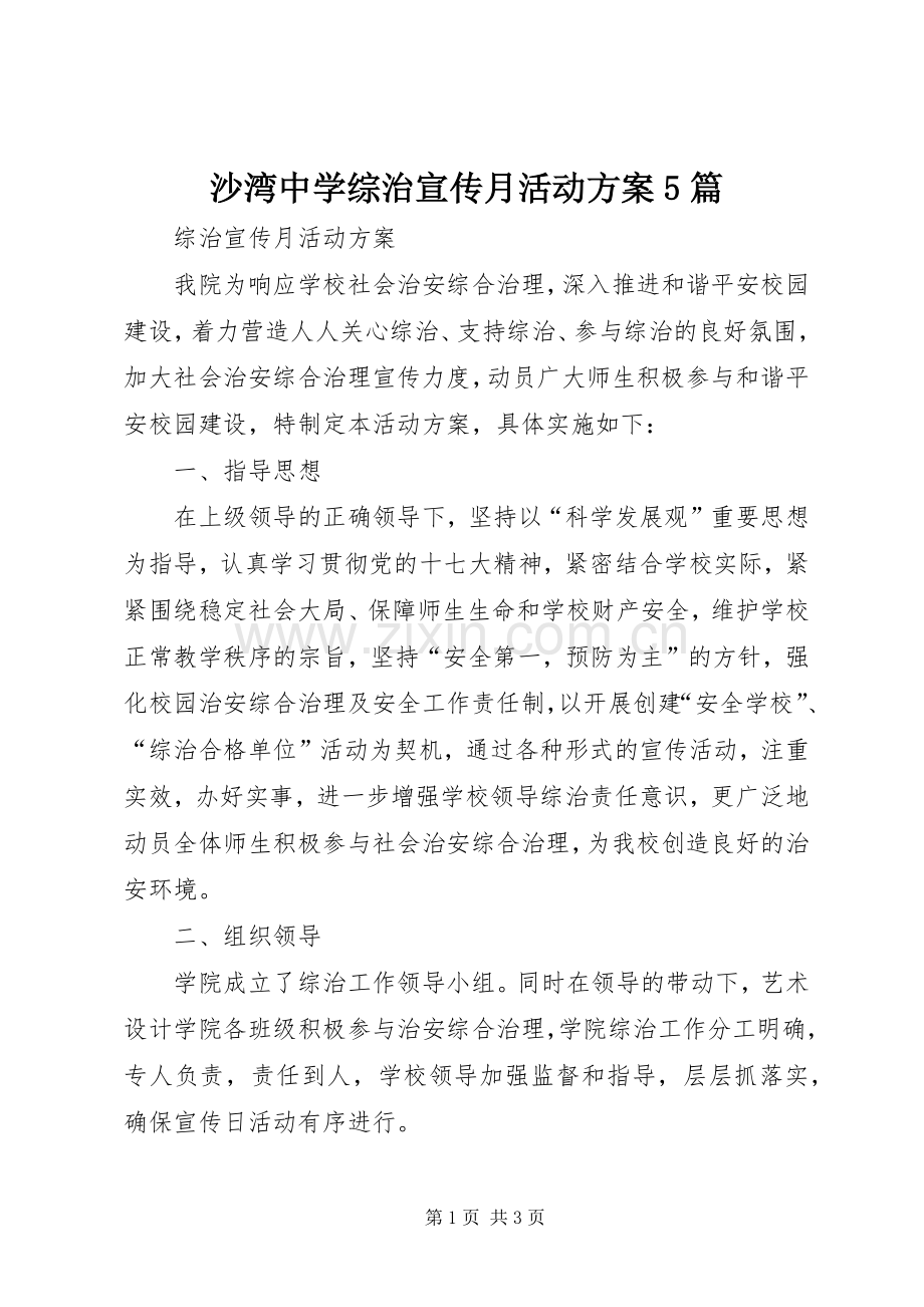 沙湾中学综治宣传月活动实施方案5篇.docx_第1页