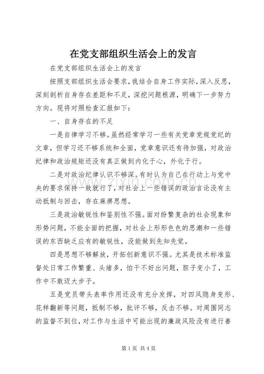 在党支部组织生活会上的发言稿.docx_第1页