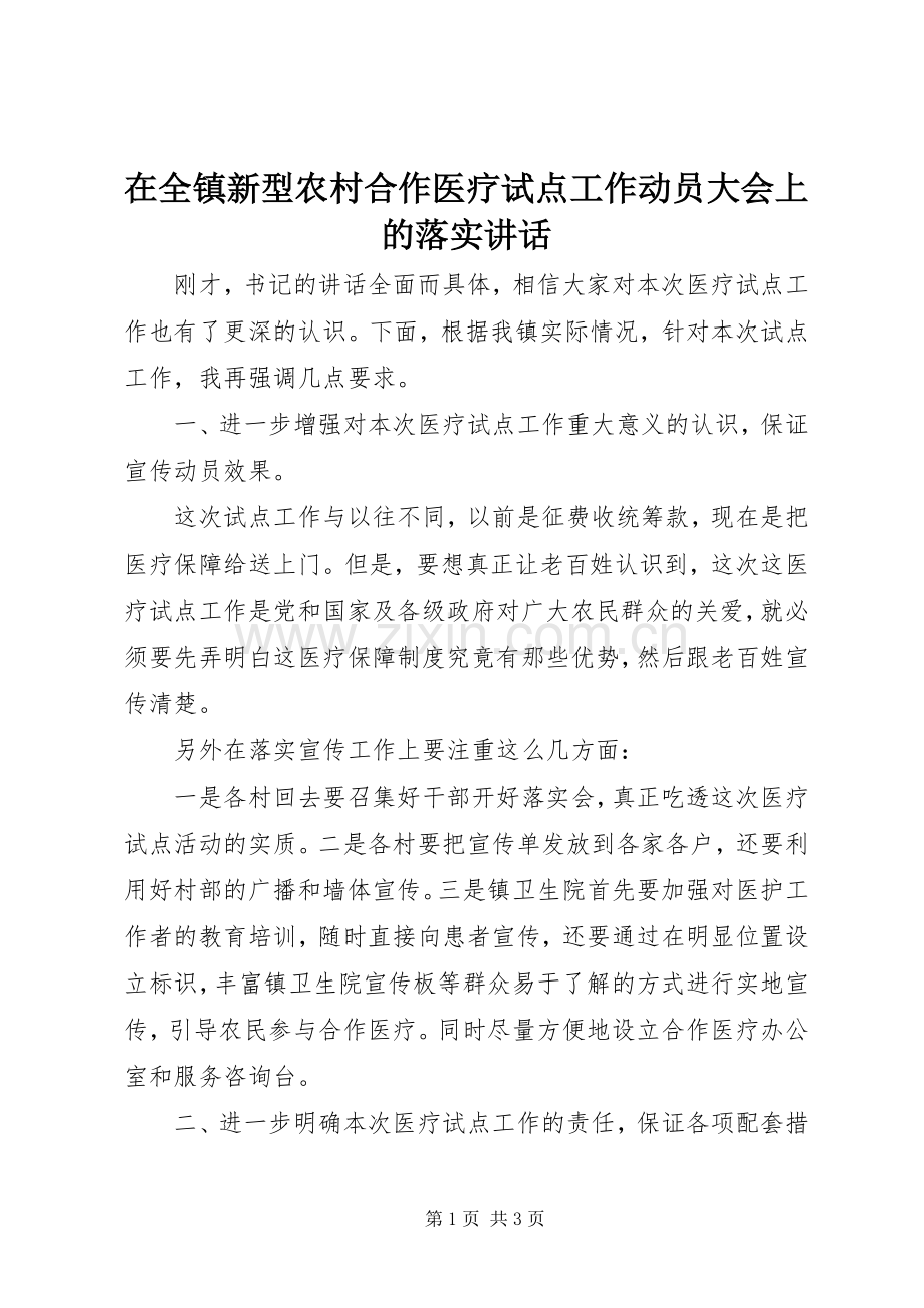 在全镇新型农村合作医疗试点工作动员大会上的落实讲话.docx_第1页