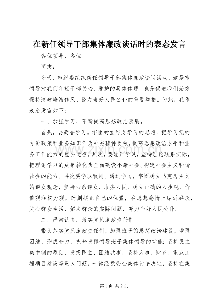 在新任领导干部集体廉政谈话时的表态发言稿 (2).docx_第1页