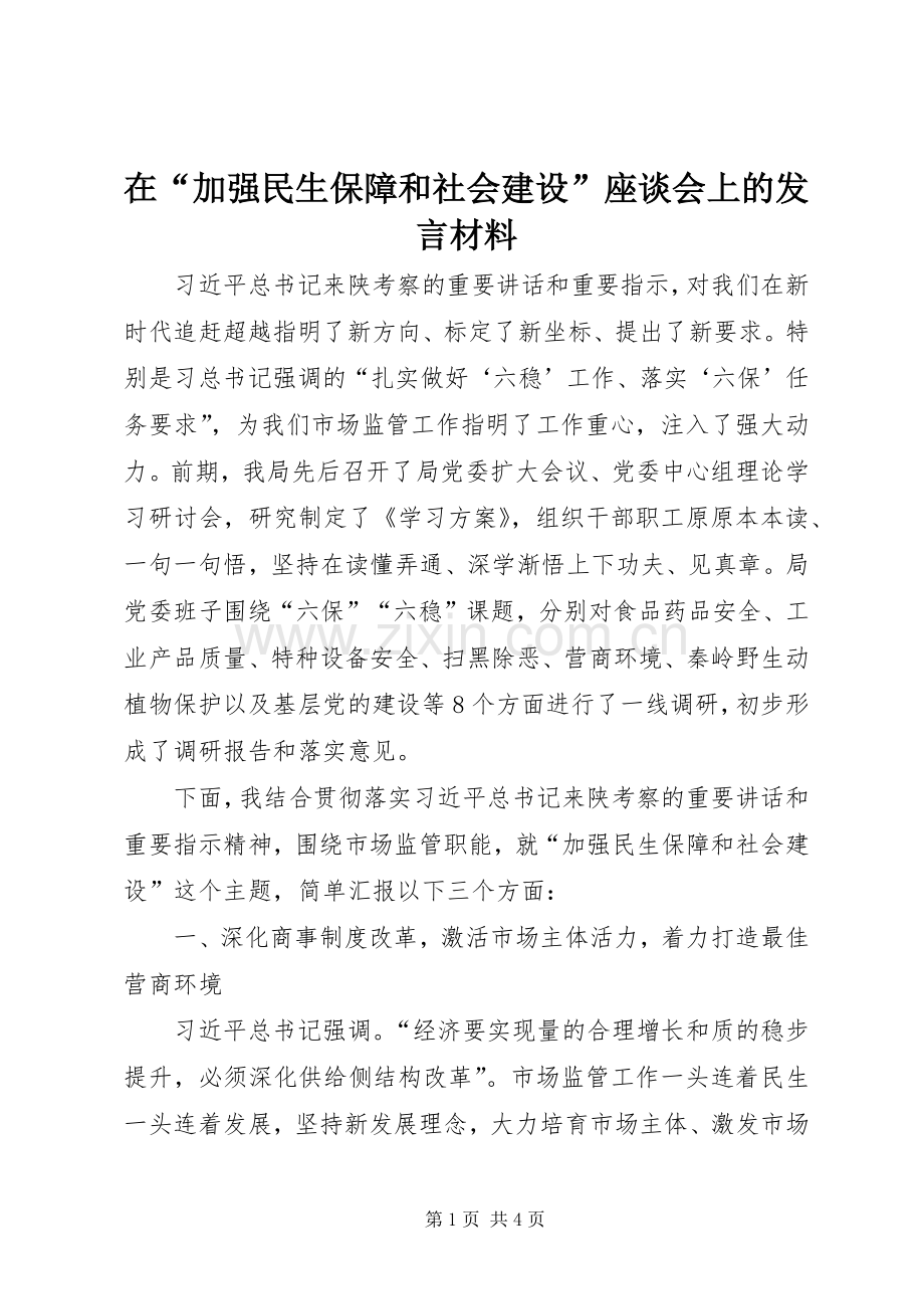 在“加强民生保障和社会建设”座谈会上的发言材料.docx_第1页