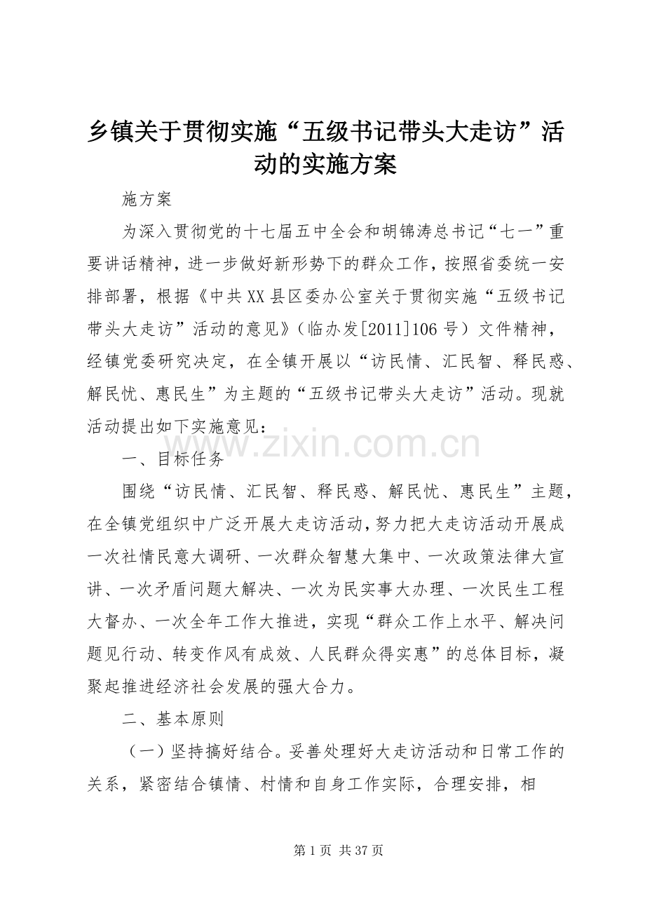 乡镇关于贯彻实施“五级书记带头大走访”活动的方案 .docx_第1页