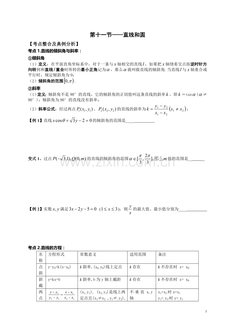 专题八平面解析几何——直线与圆学生版.doc_第1页