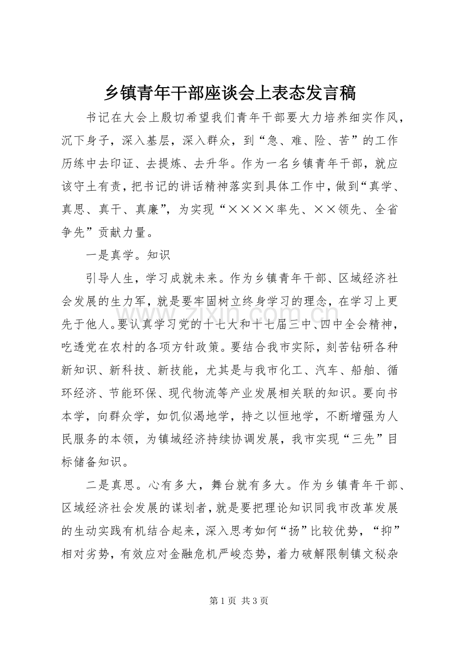 乡镇青年干部座谈会上表态发言.docx_第1页