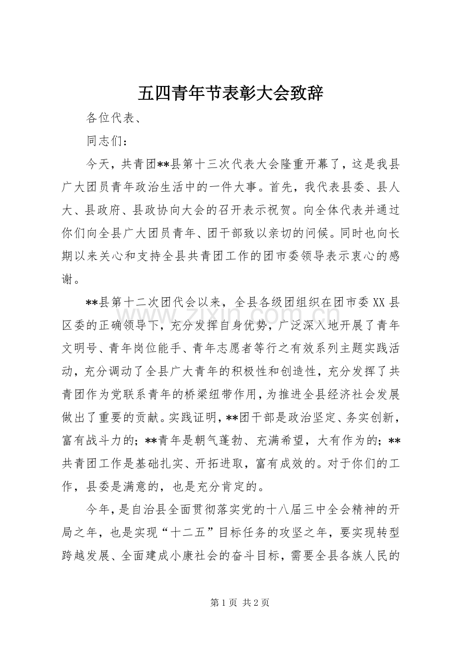 五四青年节表彰大会致辞.docx_第1页