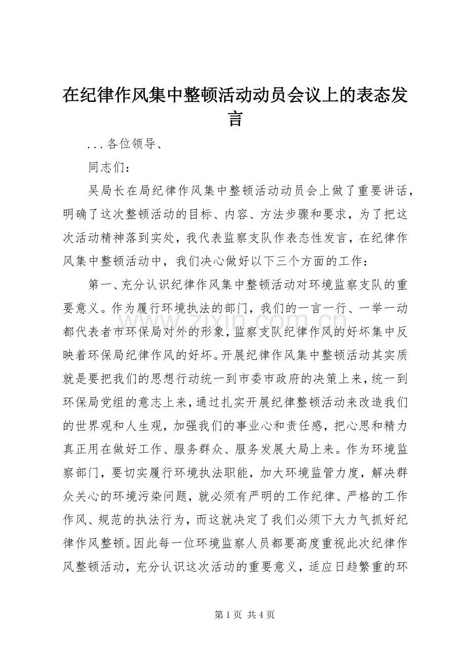 在纪律作风集中整顿活动动员会议上的表态发言稿.docx_第1页