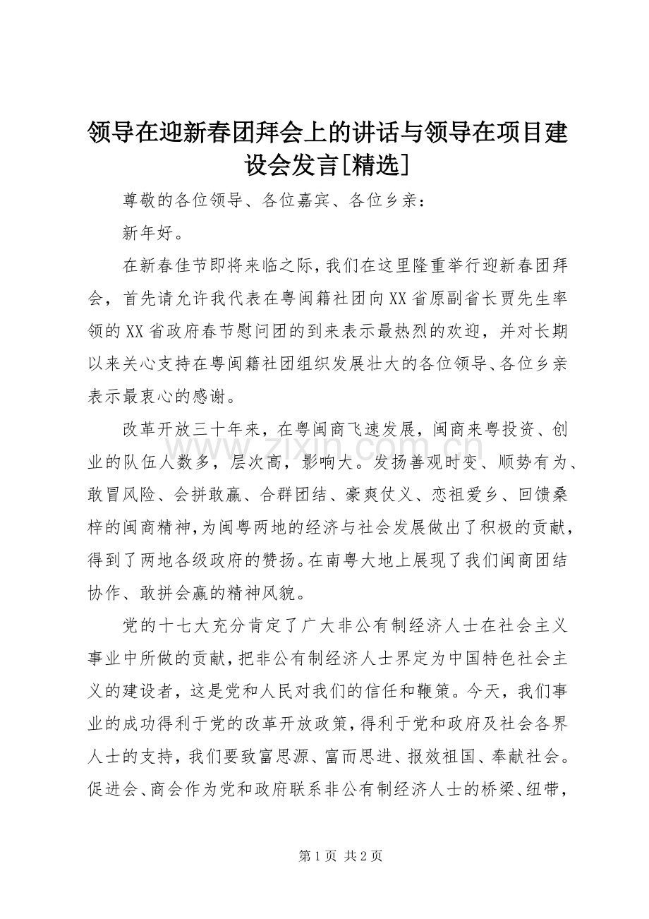 领导在迎新春团拜会上的讲话与领导在项目建设会发言稿[] (2).docx_第1页