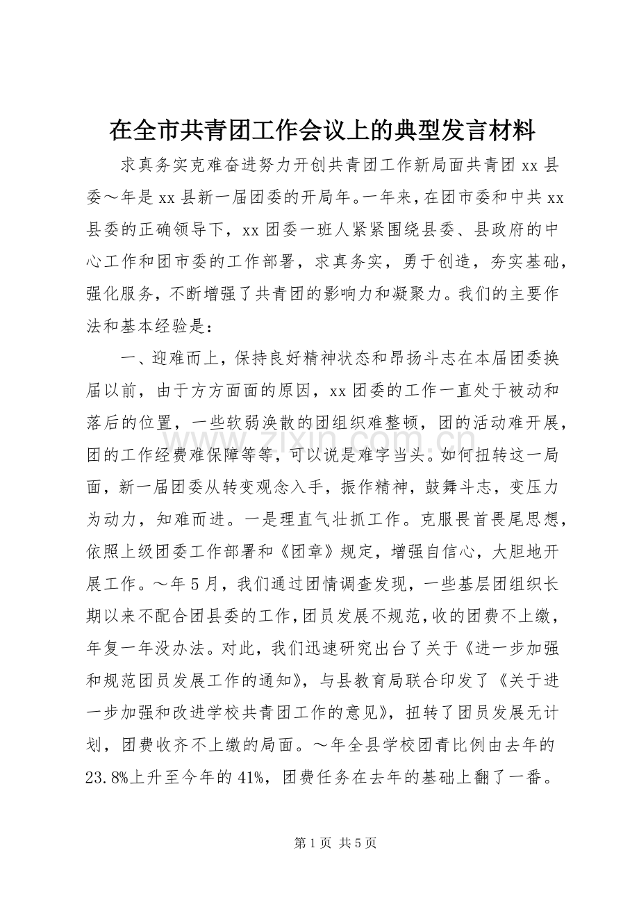 在全市共青团工作会议上的典型发言材料提纲.docx_第1页