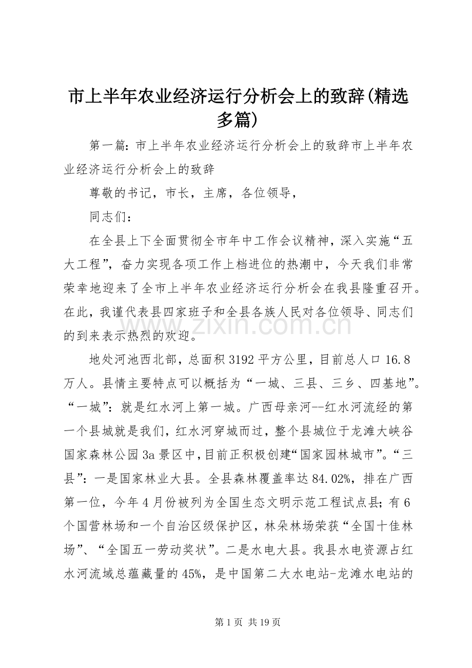 市上半年农业经济运行分析会上的演讲致辞(多篇).docx_第1页