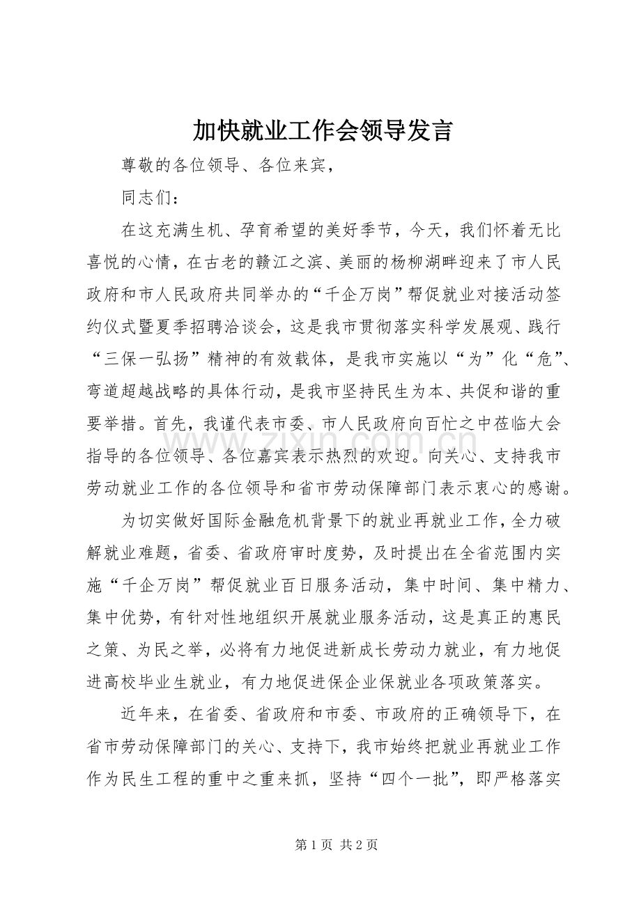 加快就业工作会领导发言稿.docx_第1页