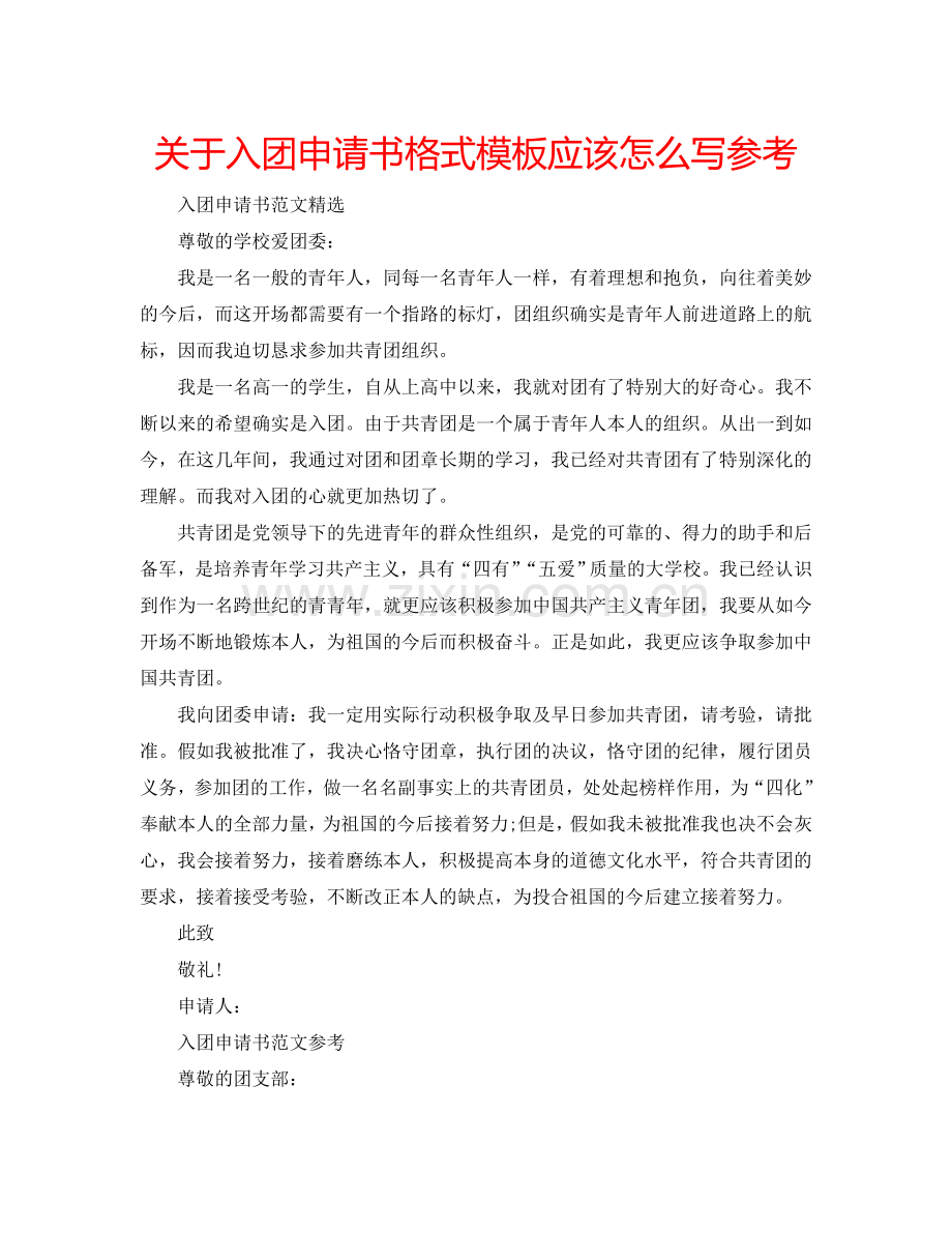 关于入团申请书格式模板应该怎么写参考.doc_第1页