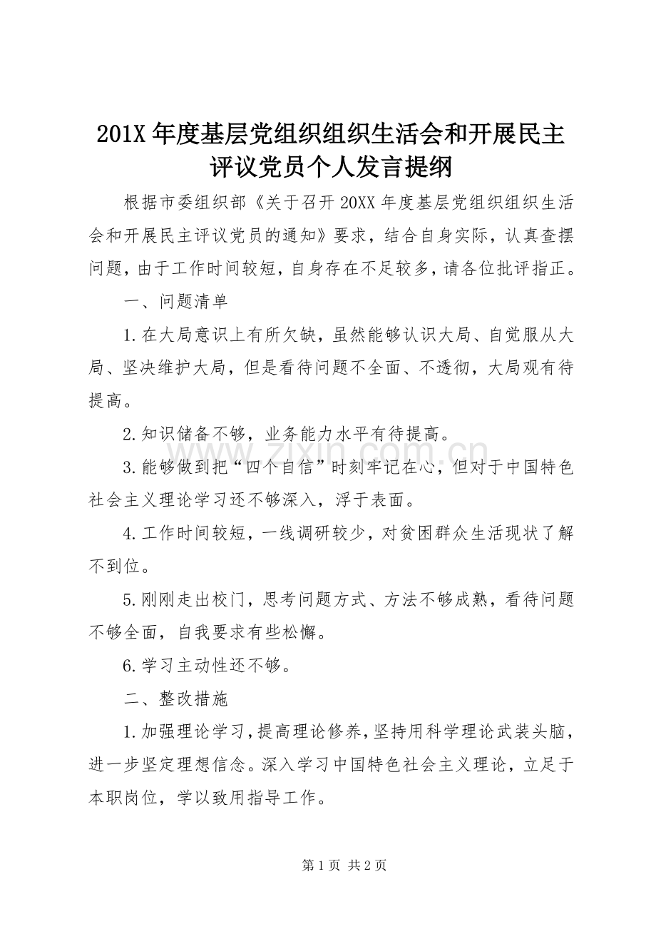 201X年度基层党组织组织生活会和开展民主评议党员个人发言材料.docx_第1页