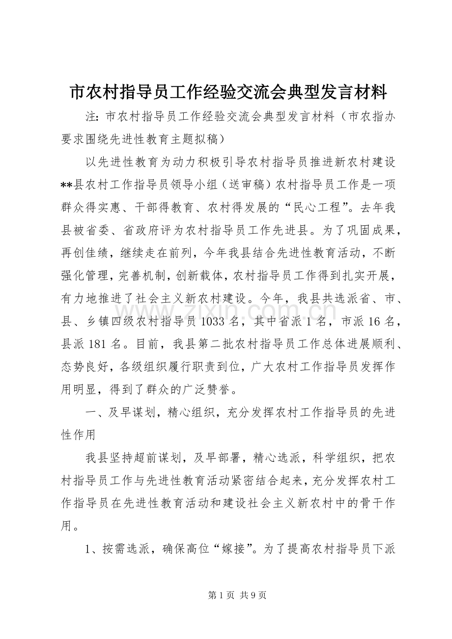 市农村指导员工作经验交流会典型发言材料致辞.docx_第1页