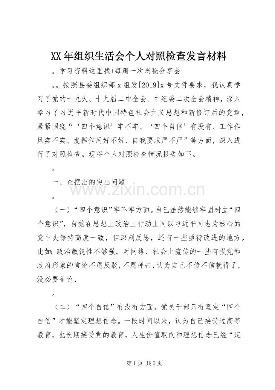 XX年组织生活会个人对照检查发言材料提纲范文.docx_第1页