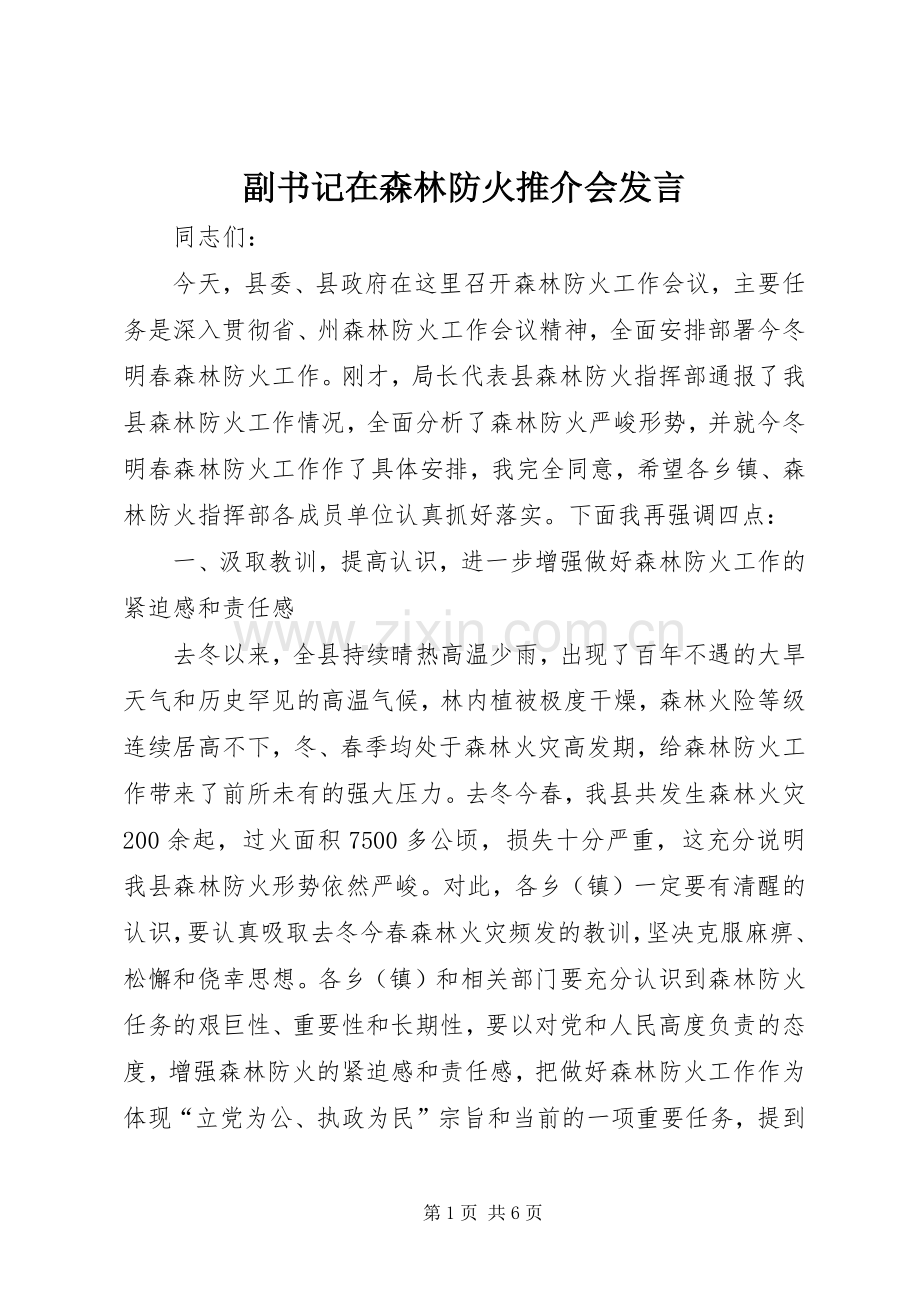 副书记在森林防火推介会发言稿.docx_第1页