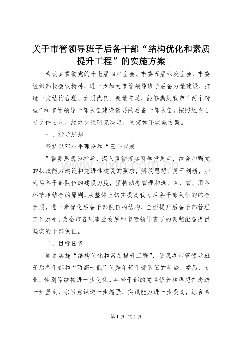 关于市管领导班子后备干部“结构优化和素质提升工程”的方案 .docx_第1页