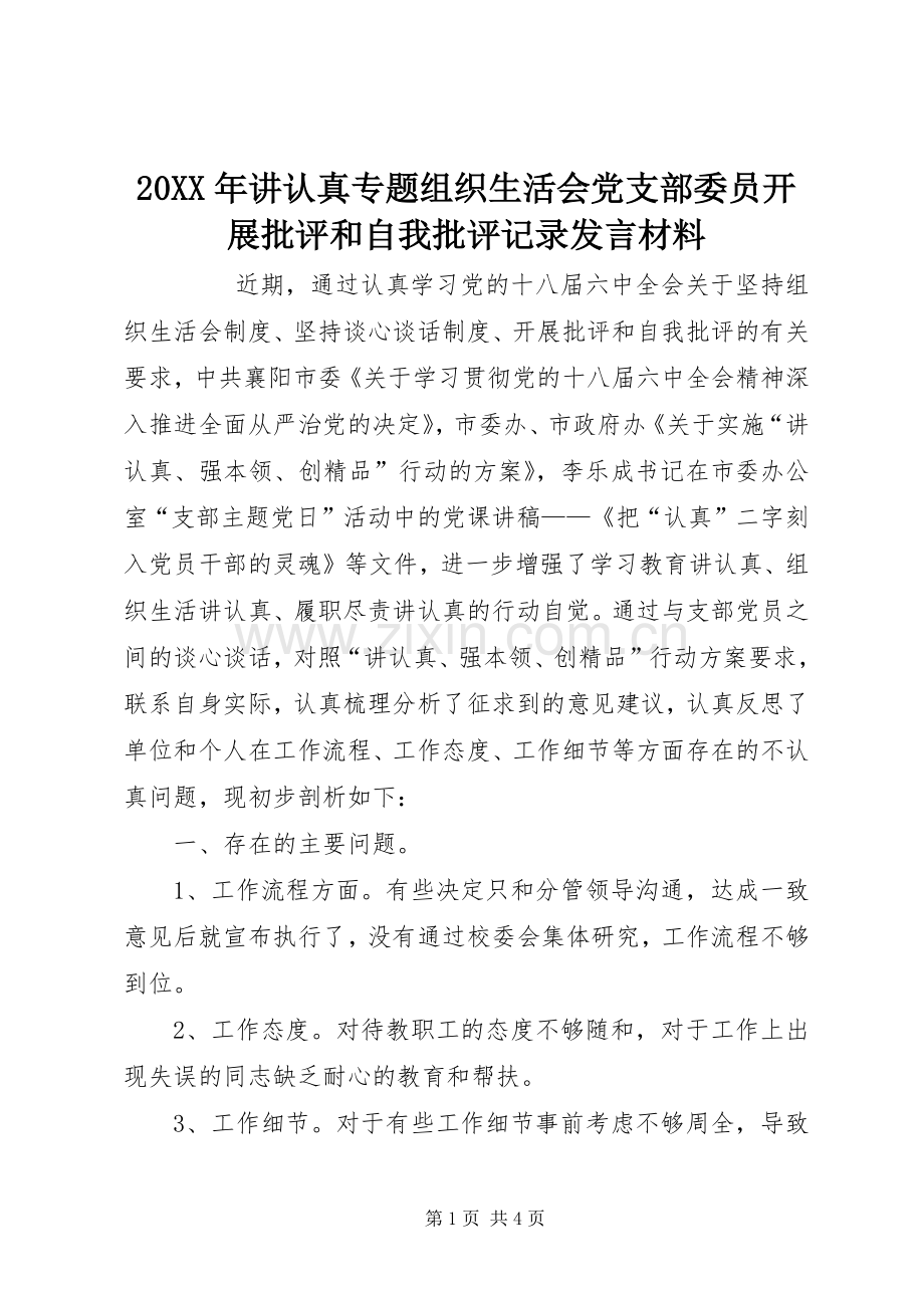 20XX年讲认真专题组织生活会党支部委员开展批评和自我批评记录发言材料致辞(2).docx_第1页