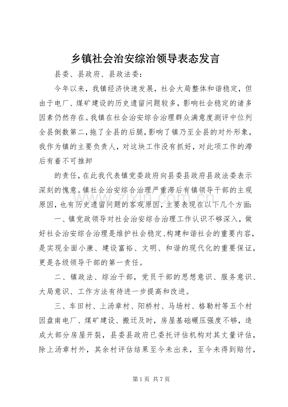 乡镇社会治安综治领导表态发言.docx_第1页