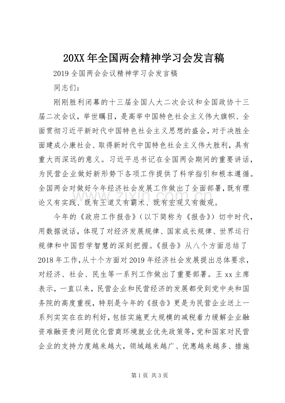 20XX年全国两会精神学习会发言.docx_第1页