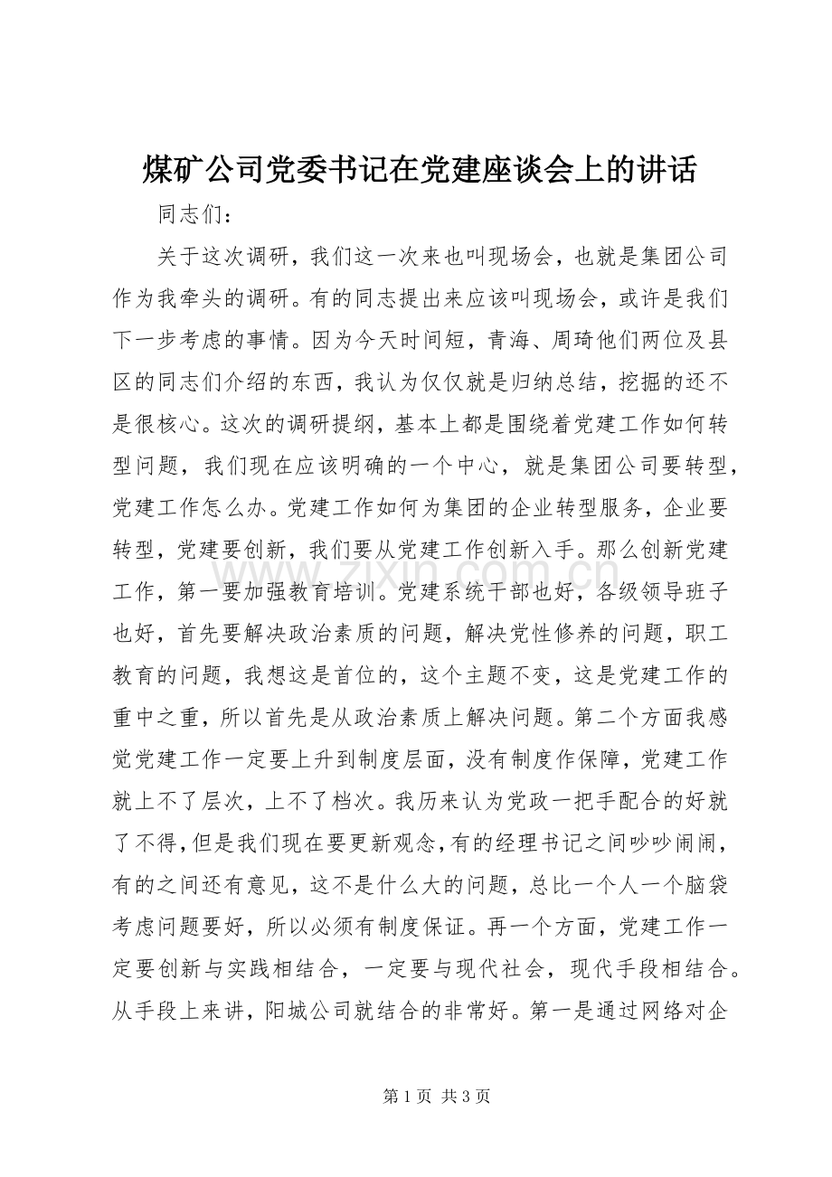 煤矿公司党委书记在党建座谈会上的讲话.docx_第1页