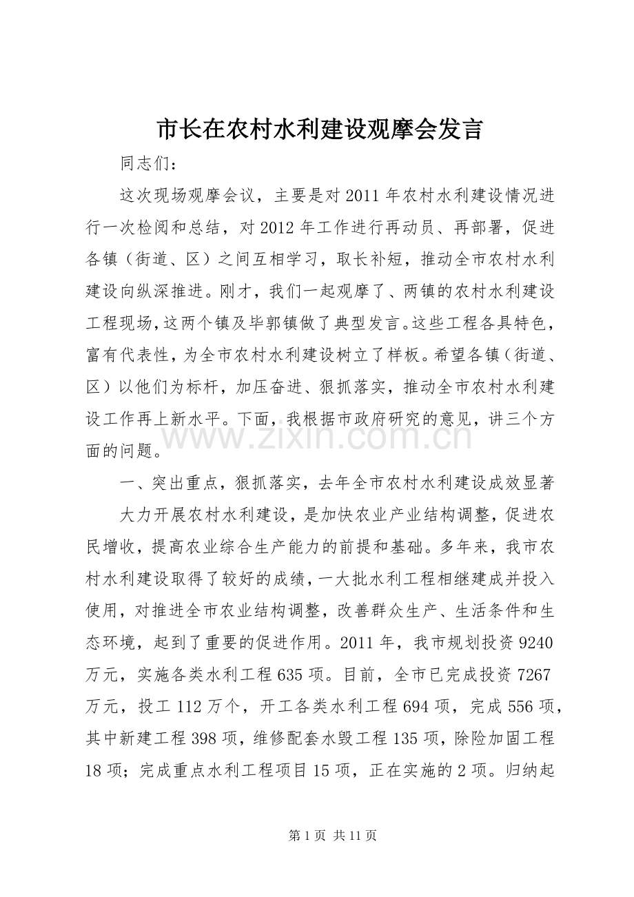 市长在农村水利建设观摩会发言稿.docx_第1页